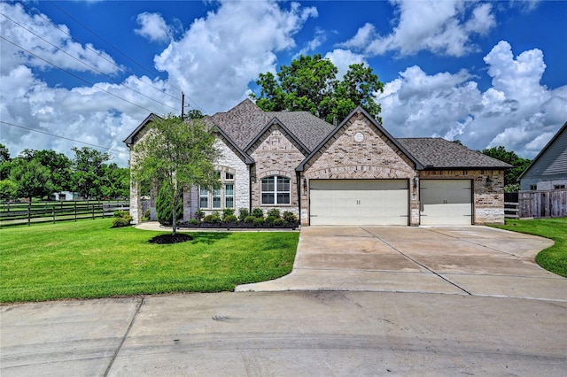 3403 Westhaven Ct, Fulshear, TX 77441 - french country style house with a garage, concrete driveway, stone siding, and brick siding