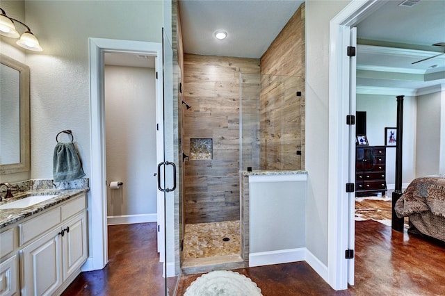3403 Westhaven Ct, Fulshear, TX 77441 - bathroom featuring a shower stall, vanity, concrete floors, and ornamental molding