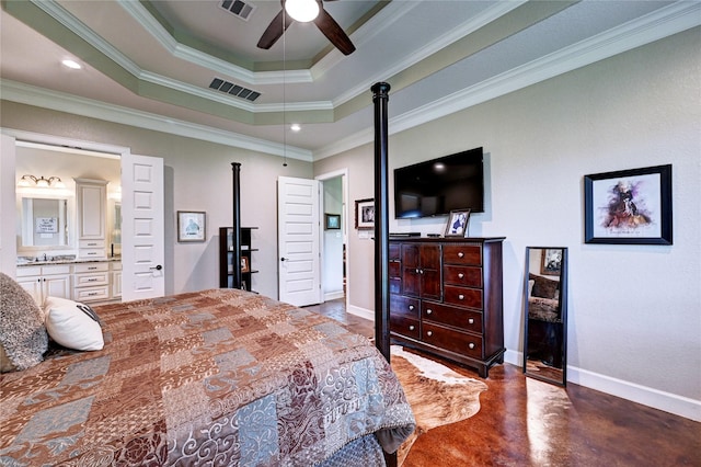 3403 Westhaven Ct, Fulshear, TX 77441 - bedroom featuring concrete floors, a raised ceiling, and crown molding