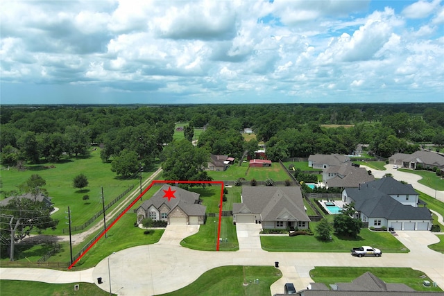 3403 Westhaven Ct, Fulshear, TX 77441 - aerial perspective of suburban area featuring property parcel outlined and a heavily wooded area