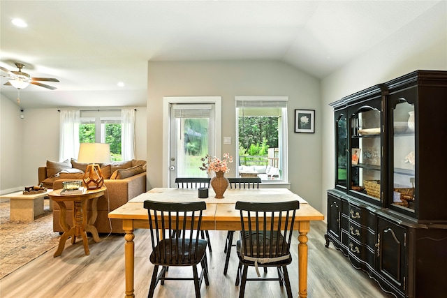 621 Little Spring Ct, Anahuac, TX 77514 - dining space with light wood finished floors, ceiling fan, lofted ceiling, and recessed lighting