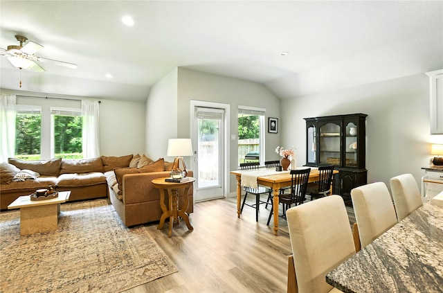 621 Little Spring Ct, Anahuac, TX 77514 - living area with healthy amount of natural light, a ceiling fan, vaulted ceiling, light wood-style floors, and recessed lighting