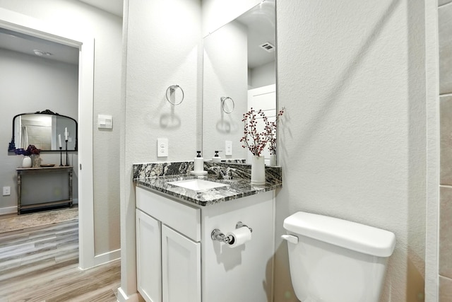 621 Little Spring Ct, Anahuac, TX 77514 - half bath with wood finished floors, vanity, and a textured wall