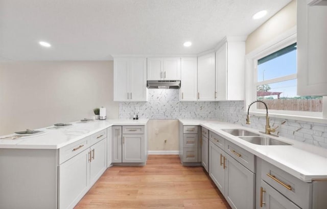 202 Sylvia St, Deer Park, TX 77536 - kitchen with gray cabinets, under cabinet range hood, light wood finished floors, tasteful backsplash, and recessed lighting