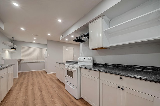 23131 Earlmist Dr, Spring, TX 77373 - kitchen featuring white electric range, open shelves, light wood finished floors, dark countertops, and white cabinets