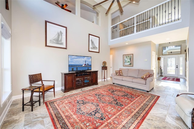 1906 Nogalus Dr, Houston, TX 77532 - living room featuring a high ceiling and a ceiling fan