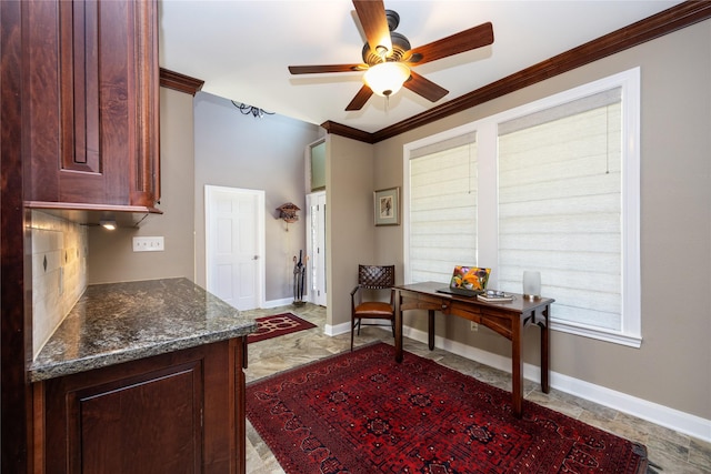 1906 Nogalus Dr, Houston, TX 77532 - kitchen with ceiling fan, crown molding, dark stone countertops, dark brown cabinets, and light stone finish floors