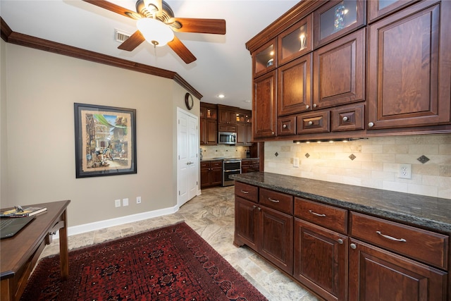 1906 Nogalus Dr, Houston, TX 77532 - kitchen with stainless steel appliances, crown molding, a ceiling fan, tasteful backsplash, and dark stone countertops
