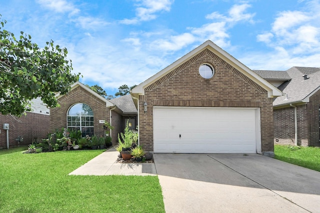 7807 Board Xing, Conroe, TX 77304 - single story home with brick siding, concrete driveway, a front lawn, an attached garage, and a shingled roof
