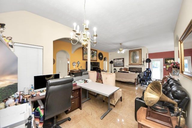 7807 Board Xing, Conroe, TX 77304 - office area with arched walkways, ceiling fan, and a chandelier