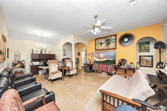 7807 Board Xing, Conroe, TX 77304 - living area with arched walkways, ceiling fan, and a chandelier