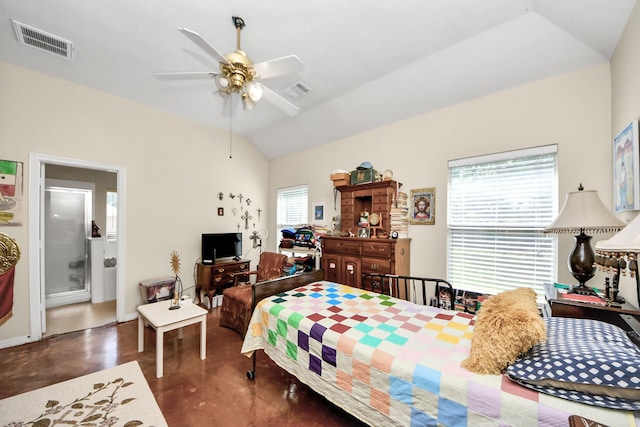 7807 Board Xing, Conroe, TX 77304 - bedroom with finished concrete floors, vaulted ceiling, ensuite bathroom, and ceiling fan