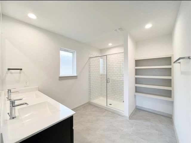 29526 Paytons Park Ln, Katy, TX 77494 - full bathroom with a shower stall, double vanity, recessed lighting, and tile patterned floors