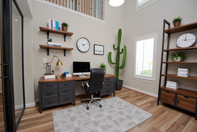4407 Archer Meadow Ln, Sugar Land, TX 77479 - home office featuring light wood-style flooring and a towering ceiling
