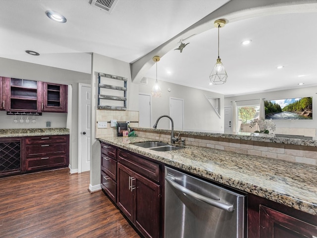 1615 S Kirkwood Rd, Houston, TX 77077 - kitchen featuring stainless steel dishwasher, dark brown cabinets, open shelves, decorative backsplash, and dark wood finished floors