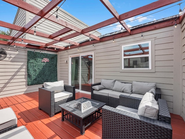 1615 S Kirkwood Rd, Houston, TX 77077 - wooden deck with an outdoor living space with a fire pit and a pergola