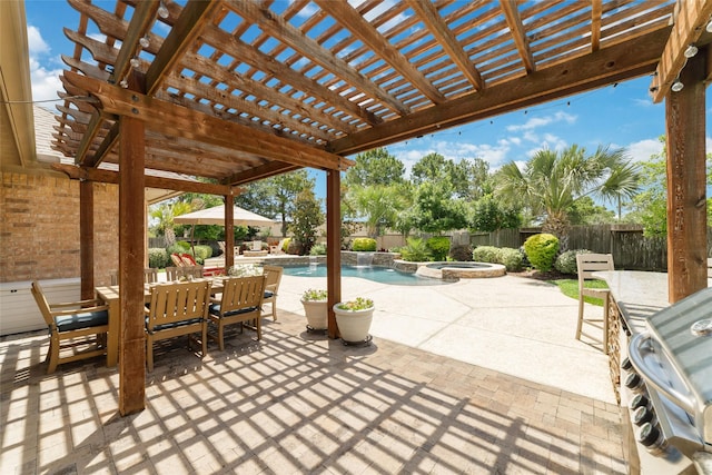 25303 Hall Meadow Ln, Katy, TX 77494 - fenced backyard featuring outdoor dining space, a pool with connected hot tub, a patio, and a pergola