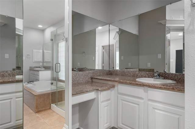 25303 Hall Meadow Ln, Katy, TX 77494 - bathroom featuring a stall shower, vanity, and tile patterned floors