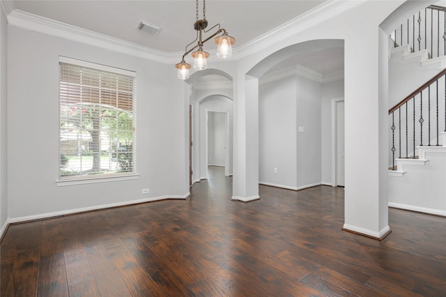 25303 Hall Meadow Ln, Katy, TX 77494 - unfurnished room featuring arched walkways, dark wood-style flooring, ornamental molding, and stairs