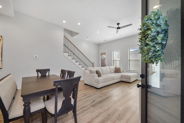 5361 Creekmont Oaks Ln, Houston, TX 77091 - dining area with stairway, recessed lighting, a ceiling fan, and light wood-style flooring