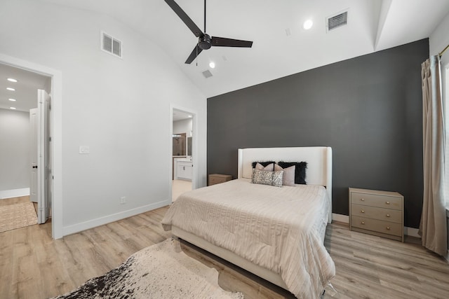 5361 Creekmont Oaks Ln, Houston, TX 77091 - bedroom featuring high vaulted ceiling, recessed lighting, light wood-style floors, ensuite bath, and a ceiling fan