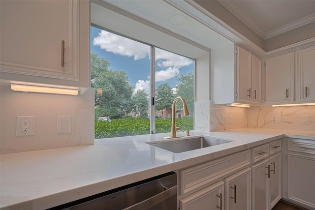 7419 Foxton Place Ct, Houston, TX 77095 - kitchen featuring ornamental molding, white cabinets, decorative backsplash, and stainless steel dishwasher