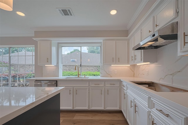 7419 Foxton Place Ct, Houston, TX 77095 - kitchen with under cabinet range hood, plenty of natural light, crown molding, white cabinetry, and recessed lighting