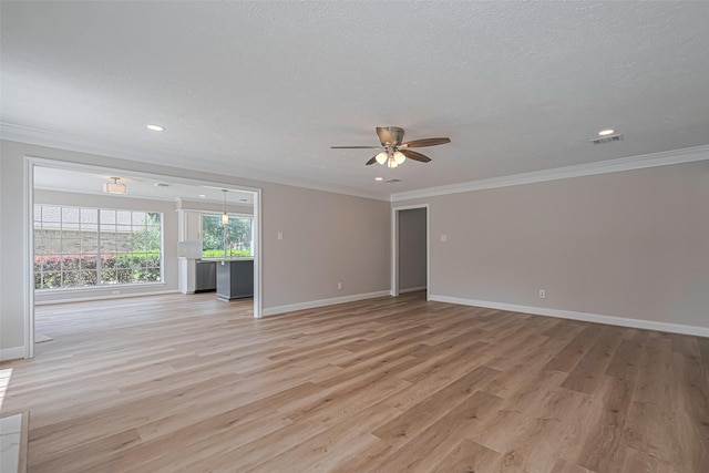 7419 Foxton Place Ct, Houston, TX 77095 - unfurnished living room with a ceiling fan, light wood-type flooring, ornamental molding, a textured ceiling, and recessed lighting