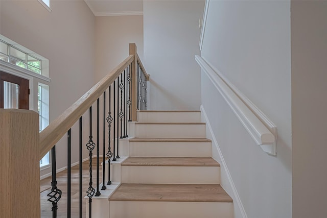 7419 Foxton Place Ct, Houston, TX 77095 - staircase with wood finished floors, crown molding, and a towering ceiling