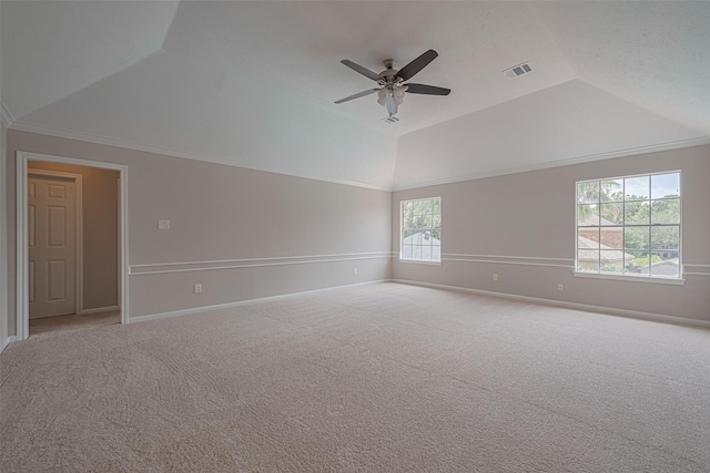 7419 Foxton Place Ct, Houston, TX 77095 - unfurnished room featuring vaulted ceiling, carpet, ceiling fan, and ornamental molding