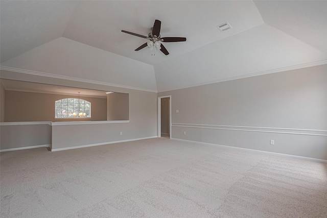 7419 Foxton Place Ct, Houston, TX 77095 - spare room with a ceiling fan, vaulted ceiling, carpet flooring, and a chandelier