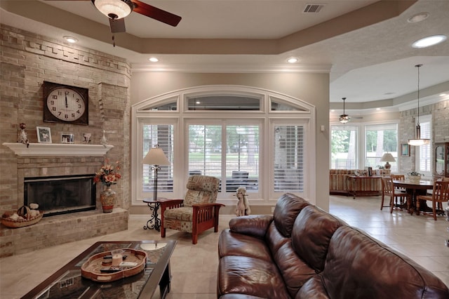 69 W Shore Ln, Montgomery, TX 77356 - living area with ceiling fan, light tile patterned floors, recessed lighting, and a fireplace