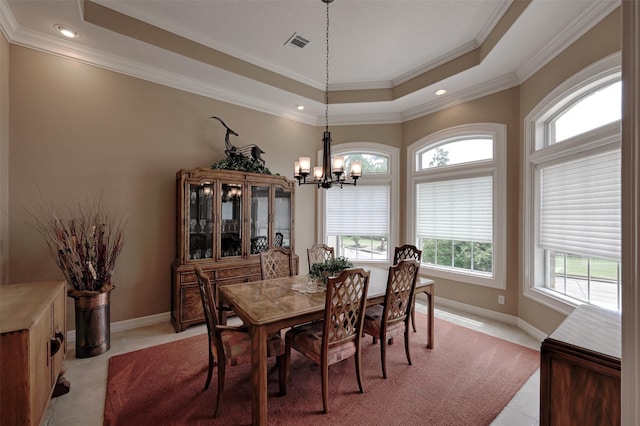 69 W Shore Ln, Montgomery, TX 77356 - dining room featuring a chandelier, a raised ceiling, ornamental molding, light tile patterned floors, and recessed lighting