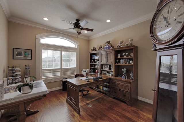 69 W Shore Ln, Montgomery, TX 77356 - home office featuring ceiling fan, dark wood-style flooring, crown molding, and recessed lighting