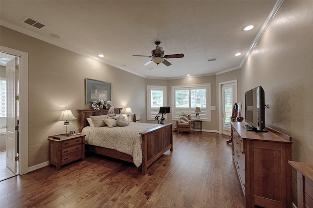 69 W Shore Ln, Montgomery, TX 77356 - bedroom featuring dark wood finished floors, ornamental molding, recessed lighting, and ceiling fan