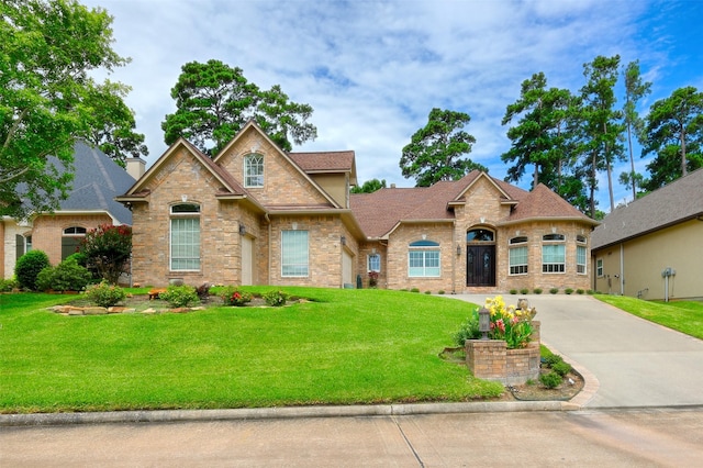 69 W Shore Ln, Montgomery, TX 77356 - view of front facade featuring a front yard, brick siding, and concrete driveway