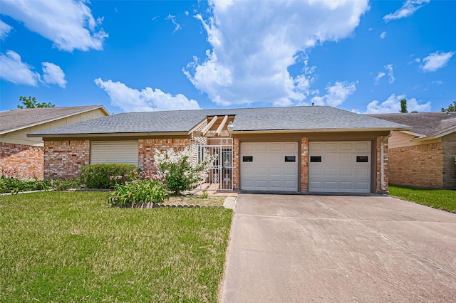 5615 Briarwood Forest Dr, Houston, TX 77088 - view of front of property with brick siding, concrete driveway, a garage, a front lawn, and a shingled roof