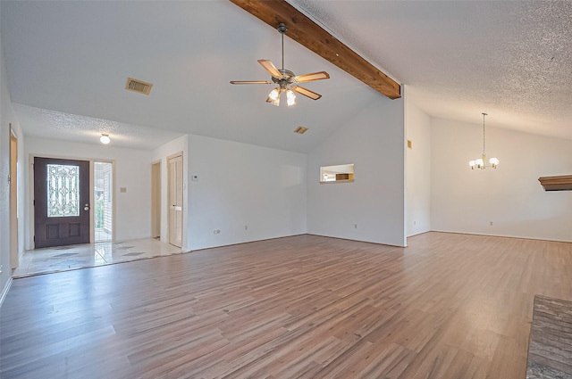 5615 Briarwood Forest Dr, Houston, TX 77088 - unfurnished living room featuring a chandelier, light wood-style floors, a ceiling fan, and a textured ceiling