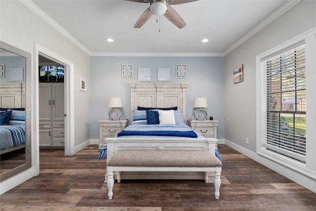 5411 Holly View Dr, Houston, TX 77091 - bedroom featuring wood finished floors, ornamental molding, recessed lighting, and a ceiling fan