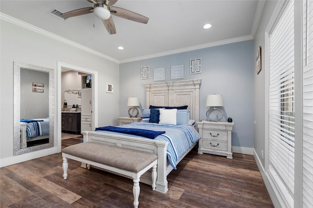 5411 Holly View Dr, Houston, TX 77091 - bedroom with dark wood-style flooring, ornamental molding, multiple windows, recessed lighting, and ceiling fan