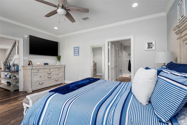 5411 Holly View Dr, Houston, TX 77091 - bedroom featuring dark wood-style floors, ornamental molding, recessed lighting, connected bathroom, and ceiling fan