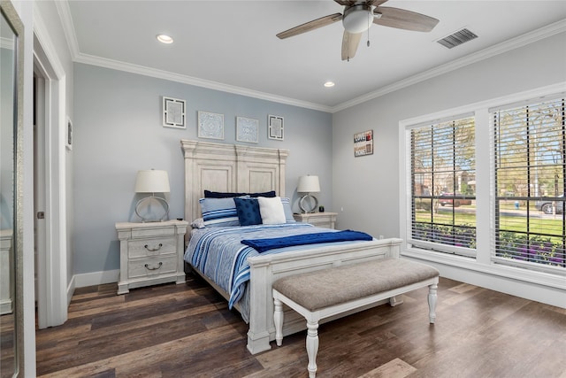 5411 Holly View Dr, Houston, TX 77091 - bedroom with dark wood finished floors, crown molding, recessed lighting, and a ceiling fan