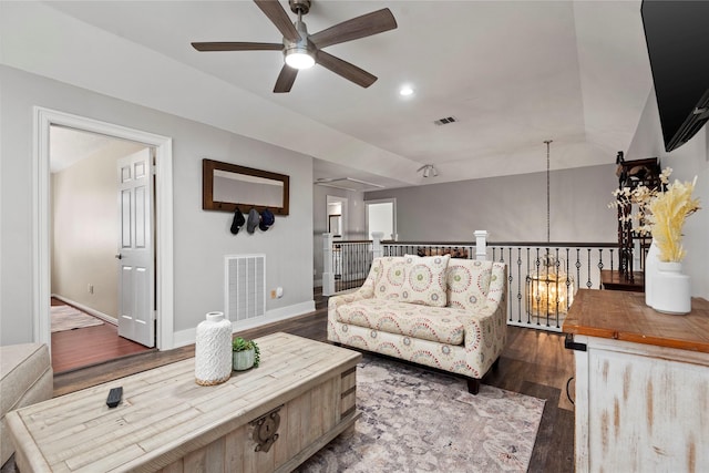 5411 Holly View Dr, Houston, TX 77091 - living area with a ceiling fan, wood finished floors, attic access, recessed lighting, and vaulted ceiling