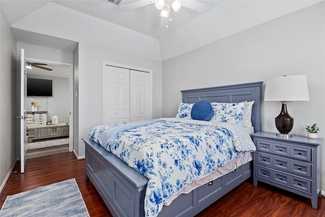 5411 Holly View Dr, Houston, TX 77091 - bedroom featuring dark wood-style flooring, a closet, and a ceiling fan