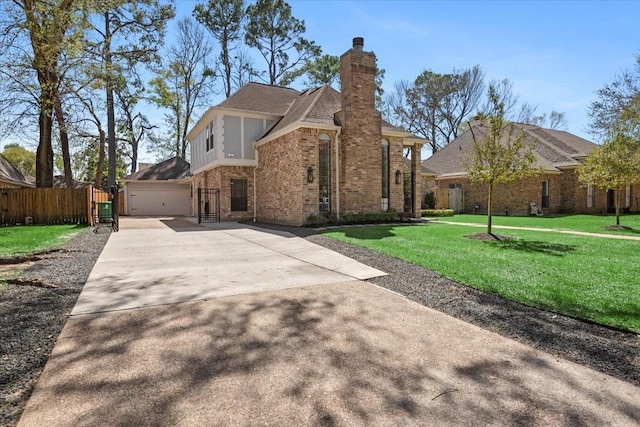 5411 Holly View Dr, Houston, TX 77091 - view of front of home with brick siding, concrete driveway, a chimney, a garage, and roof with shingles