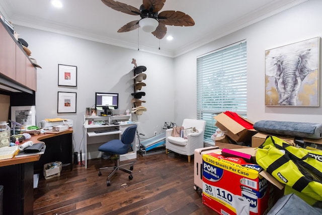 9910 Tulip, Conroe, TX 77385 - office with ornamental molding, hardwood / wood-style floors, a ceiling fan, and recessed lighting