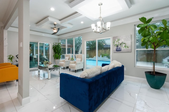 9910 Tulip, Conroe, TX 77385 - living room featuring a chandelier, coffered ceiling, recessed lighting, light marble finish floors, and crown molding