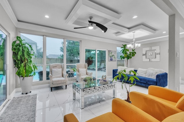 9910 Tulip, Conroe, TX 77385 - living area featuring plenty of natural light, a chandelier, recessed lighting, ceiling fan, and crown molding