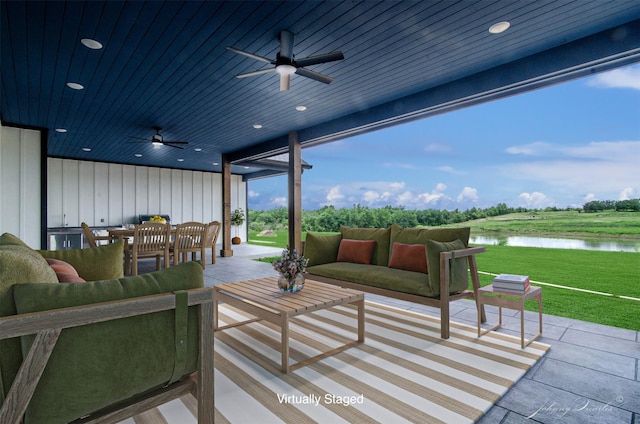 4410 Jozwiak Rd, Chappell Hill, TX 77426 - view of patio featuring outdoor lounge area, a water view, ceiling fan, and outdoor dining space