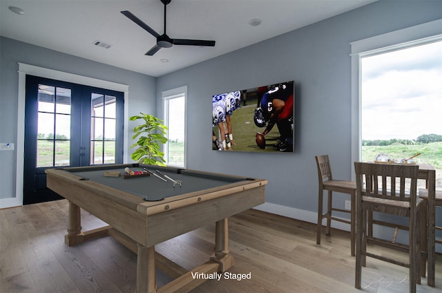 4410 Jozwiak Rd, Chappell Hill, TX 77426 - playroom with french doors, light wood finished floors, ceiling fan, and billiards
